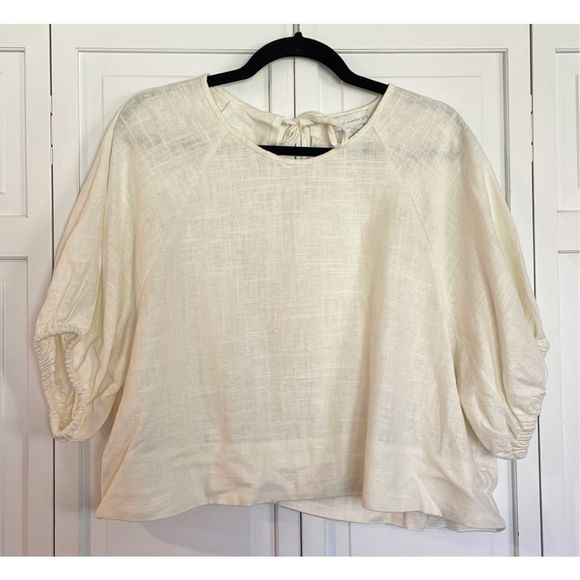 House of Harlow linen ivory puff sleeve tie back blouse xl - Picture 2 of 9